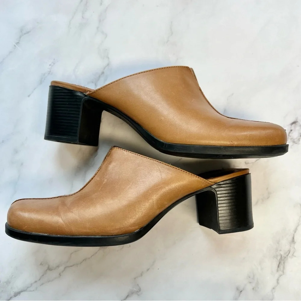 Clarks Chunky Platform Leather Slip On Casual Mule Brown Block Heel Women Size 8